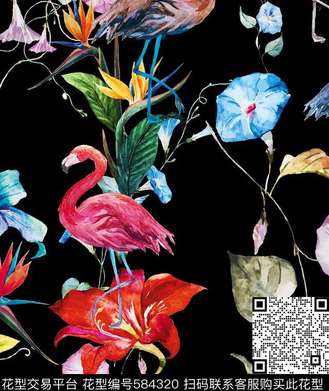 火烈鸟热带花喇叭花数码印花花型下载（图片编号: 584320） - 瓦栏（Walan）