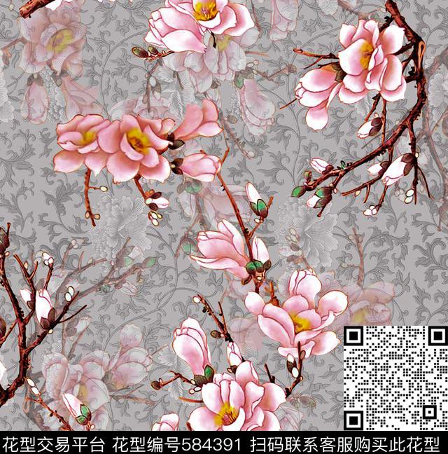 手绘工笔玉兰数码印花花型下载（图片编号: 584391） - 瓦栏（Walan）