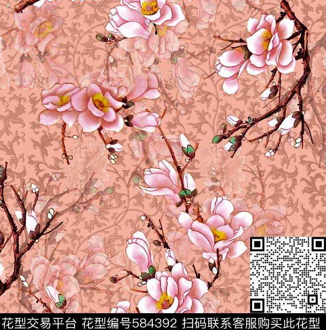 手绘工笔玉兰数码印花花型下载（图片编号: 584392） - 瓦栏（Walan）