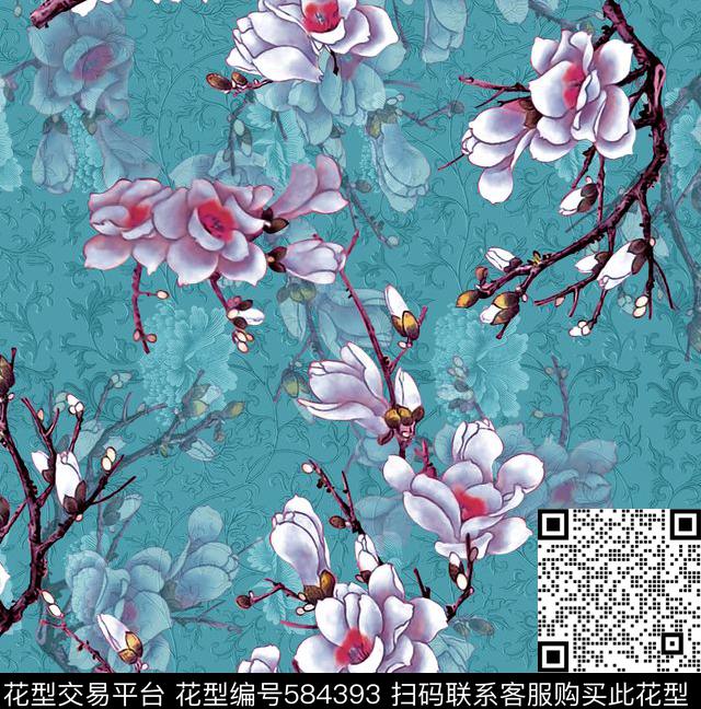 手绘工笔玉兰数码印花花型下载（图片编号: 584393） - 瓦栏（Walan）