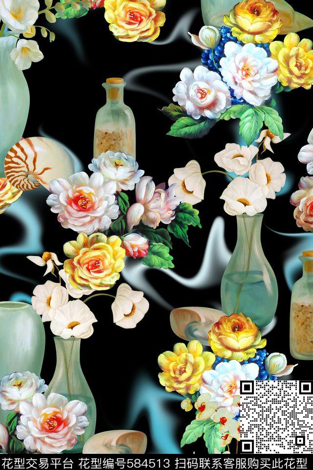 花卉水瓶纯色底散花数码印花花型下载（图片编号: 584513） - 瓦栏（Walan）