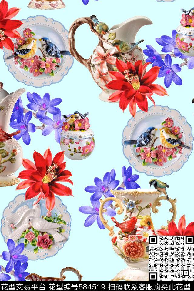 花卉瓷器民族风数码印花花型下载（图片编号: 584519） - 瓦栏（Walan）