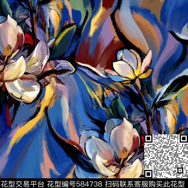 涂鸦花卉笔触数码印花花型下载（图片编号: 584738） - 瓦栏（Walan）