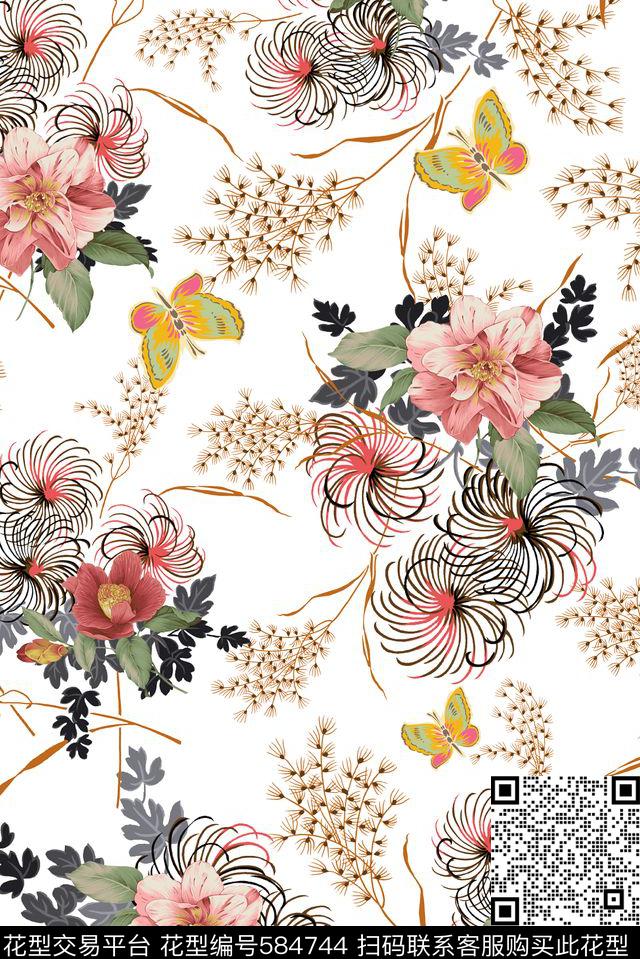 手绘花朵花纹数码印花花型下载（图片编号: 584744） - 瓦栏（Walan）