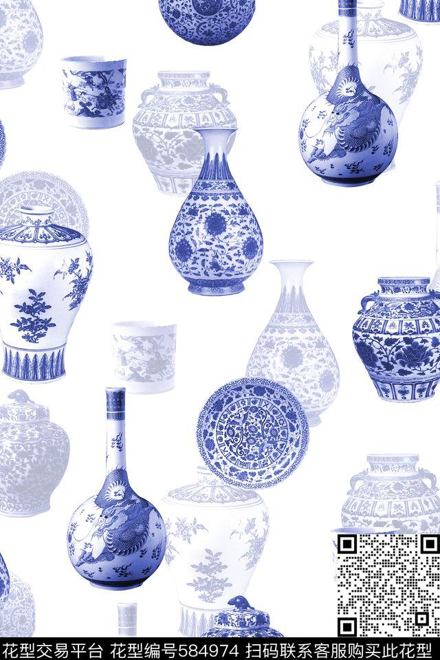 青花瓷休闲纯色底散花数码印花花型下载（图片编号: 584974） - 瓦栏（Walan）