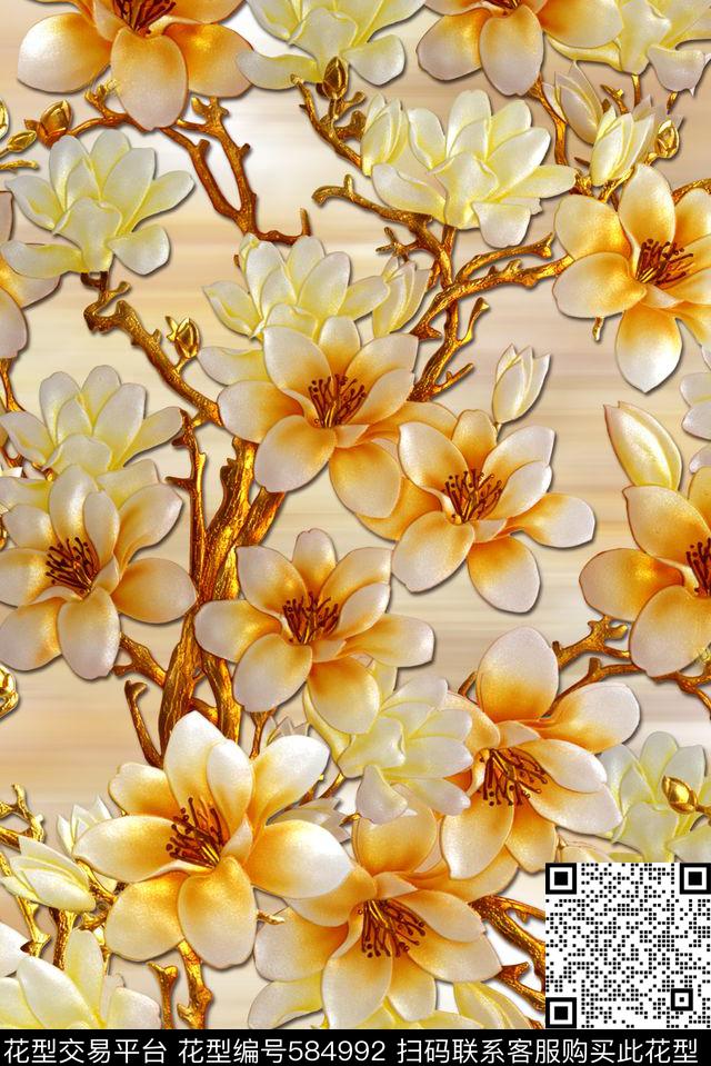 手绘雕刻花卉数码印花花型下载（图片编号: 584992） - 瓦栏（Walan）