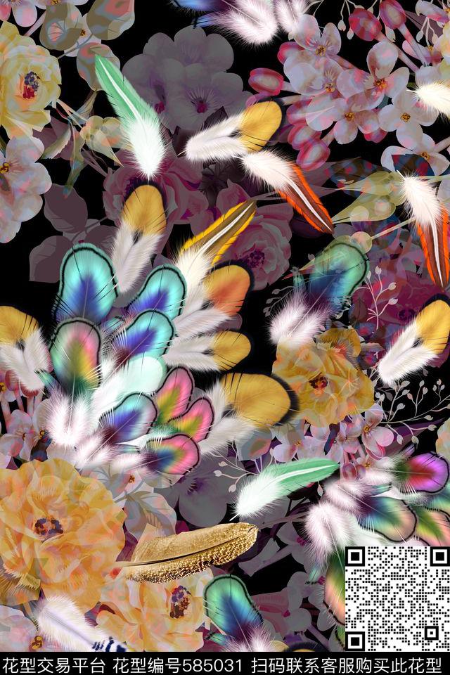 羽毛花朵花卉数码印花花型下载（图片编号: 585031） - 瓦栏（Walan）