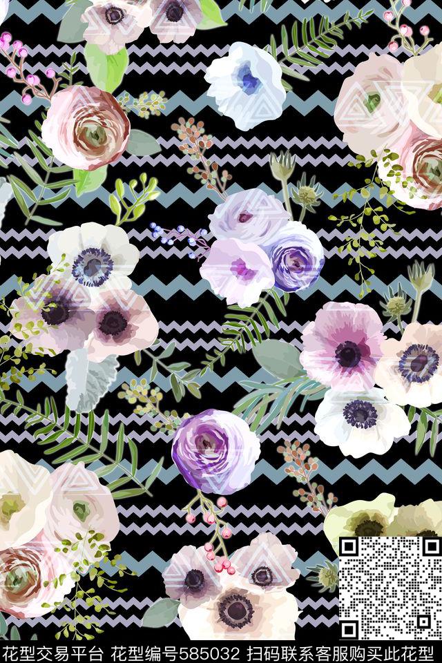 波浪条花朵花卉数码印花花型下载（图片编号: 585032） - 瓦栏（Walan）