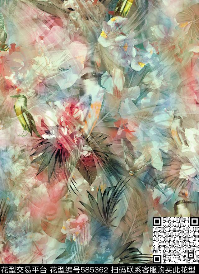热带花鸟朦胧炫彩数码印花花型下载（图片编号: 585362） - 瓦栏（Walan）