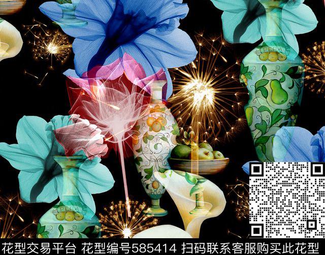 树叶肌理蒲公英花瓶数码印花花型下载（图片编号: 585414） - 瓦栏（Walan）