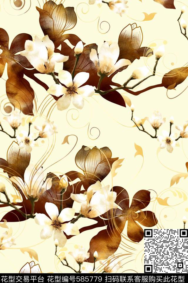 米黄花纹水墨数码印花花型下载（图片编号: 585779） - 瓦栏（Walan）