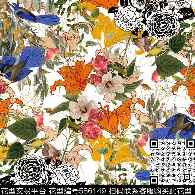 花鸟图案 田园小清新 - 586149 - 小清新 花鸟 热带树林 - 数码印花花型 － 女装花型设计 － 瓦栏
