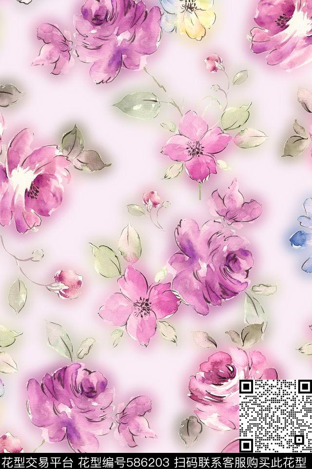 手绘浪漫花卉复古数码印花花型下载（图片编号: 586203） - 瓦栏（Walan）