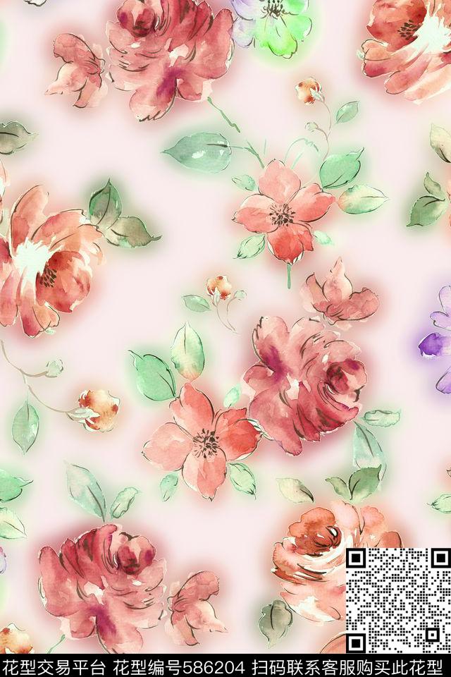 手绘浪漫花卉复古数码印花花型下载（图片编号: 586204） - 瓦栏（Walan）