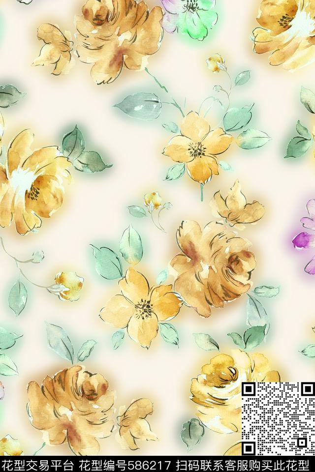 手绘浪漫花卉复古数码印花花型下载（图片编号: 586217） - 瓦栏（Walan）
