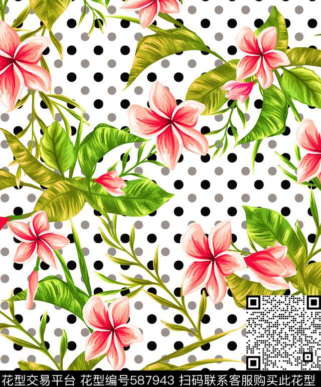 热带花卉+波点植物 - 587943 - 热带风情 花卉植物 波点 - 数码印花花型 － 女装花型设计 － 瓦栏