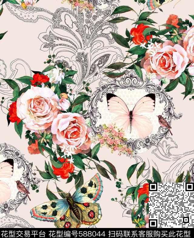 手绘花水彩花卉蝴蝶玫 - 588044 - 手绘花 水彩玫瑰花卉叶子 D&G风格 - 数码印花花型 － 女装花型设计 － 瓦栏
