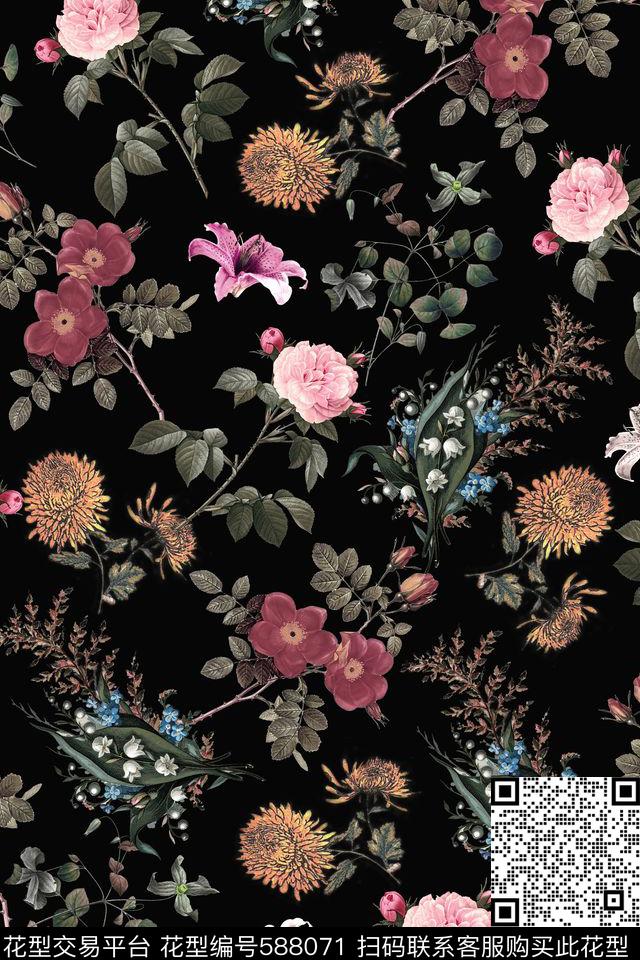 数码印花花卉小花蔷薇花卉数码印花花型下载（图片编号: 588071） - 瓦栏（Walan）