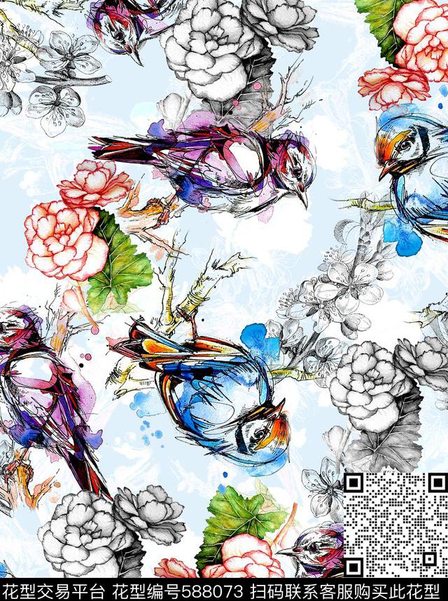水彩鸟花卉年轻个性时 - 588073 - 水彩手绘 鸟花 年轻个性 - 数码印花花型 － 女装花型设计 － 瓦栏