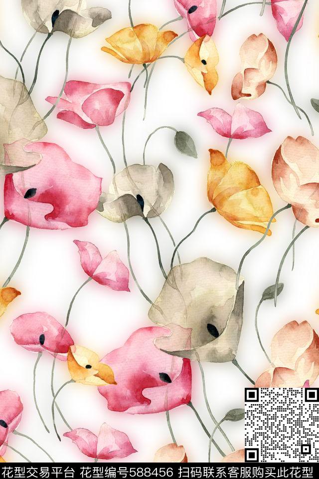 花卉手绘浪漫花卉数码印花花型下载（图片编号: 588456） - 瓦栏（Walan）
