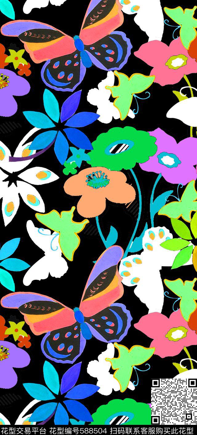 手绘蝴蝶花 - 588504 - 手绘 水彩 蝴蝶 - 传统印花花型 － 童装花型设计 － 瓦栏