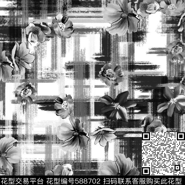 黑白花手绘涂鸦花卉传统印花花型下载（图片编号: 588702） - 瓦栏（Walan）