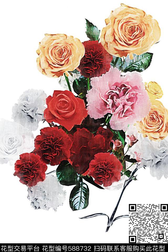 独朵花卉玫瑰数码印花花型下载（图片编号: 588732） - 瓦栏（Walan）
