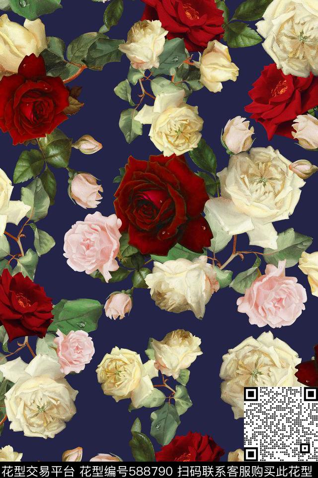 16秋冬大牌油画花卉 - 588790 - 油画 玫瑰 植物 - 数码印花花型 － 沙发布花型设计 － 瓦栏