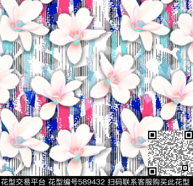 时尚混搭未来感白玉兰写实花卉笔触笔刷豹纹竖条纹叠加渐变投影立体数码印花花型下载（图片编号: 589432） - 瓦栏（Walan）