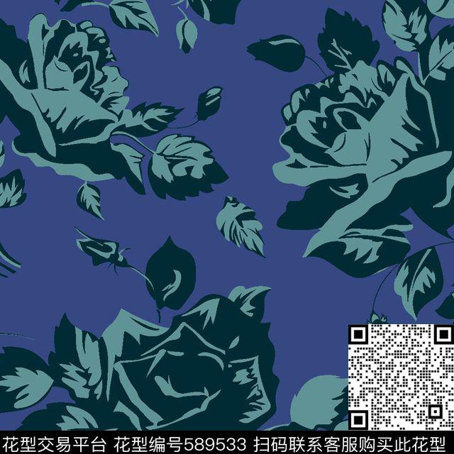 抽象玫瑰花传统印花花型下载（图片编号: 589533） - 瓦栏（Walan）