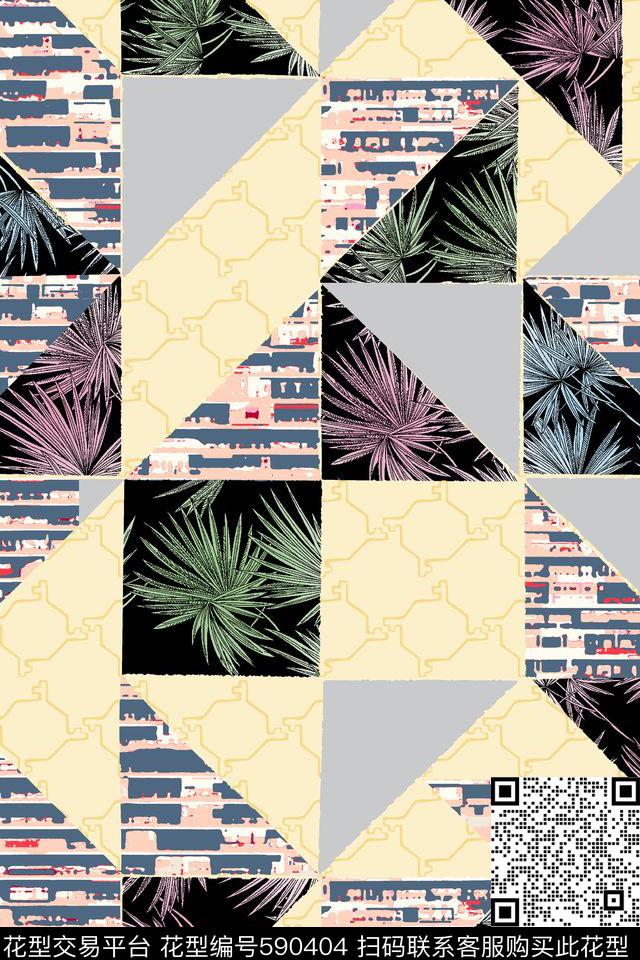 格子拼接彩色椰树不规则格子传统印花花型下载（图片编号: 590404） - 瓦栏（Walan）