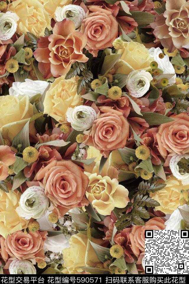 花丛 - 590571 - 欧美3D真花 花卉 植物 - 数码印花花型 － 沙发布花型设计 － 瓦栏