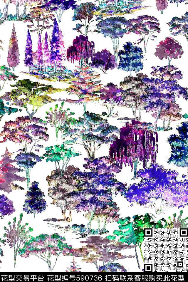 38水墨水彩树木 - 590736 - 水彩 水墨 树木 - 数码印花花型 － 女装花型设计 － 瓦栏