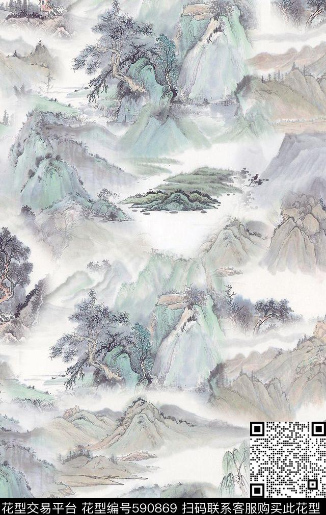中国风山水风景数码印花花型下载（图片编号: 590869） - 瓦栏（Walan）