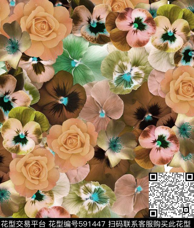 花丛3 - 591447 - 欧美 花卉 植物 - 数码印花花型 － 沙发布花型设计 － 瓦栏