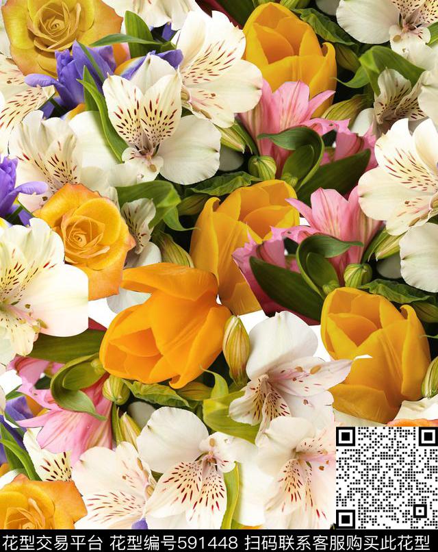 花丛4 - 591448 - 欧美 花卉 植物 - 数码印花花型 － 沙发布花型设计 － 瓦栏