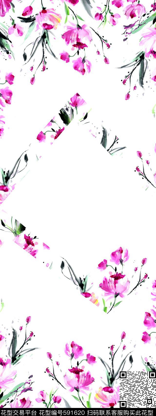 流行风尚 - 591620 - 手绘花 几何 定位 - 数码印花花型 － 女装花型设计 － 瓦栏