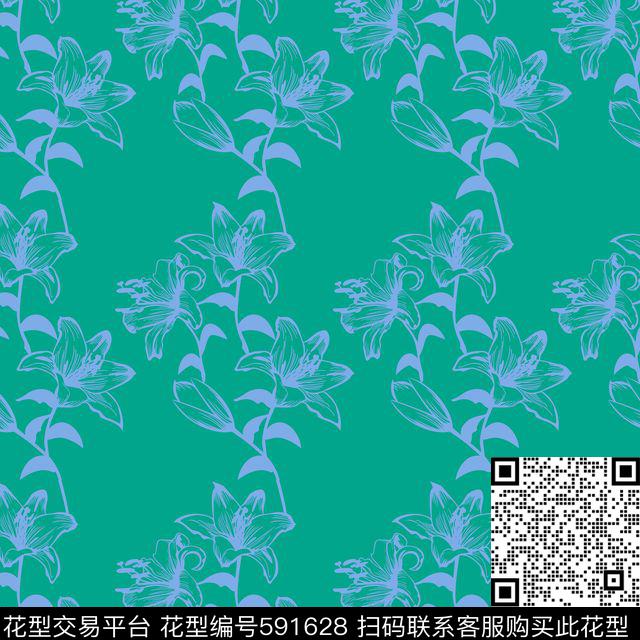 百合1 - 591628 - 百合 四方连续 尹 - 传统印花花型 － 墙纸花型设计 － 瓦栏