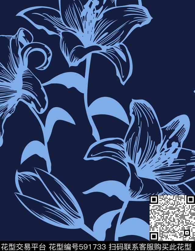 百合1 - 591733 - 百合 四方连续 尹 - 传统印花花型 － 墙纸花型设计 － 瓦栏