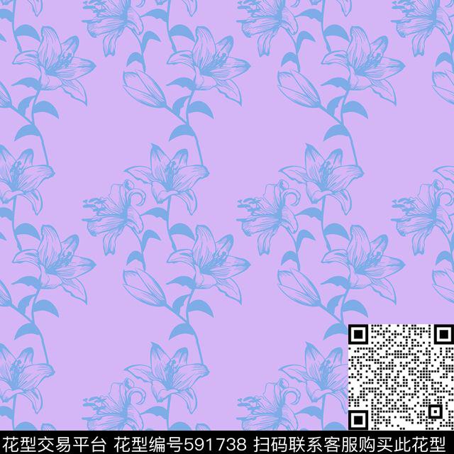 百合1 - 591738 - 百合 四方连续 尹 - 传统印花花型 － 墙纸花型设计 － 瓦栏