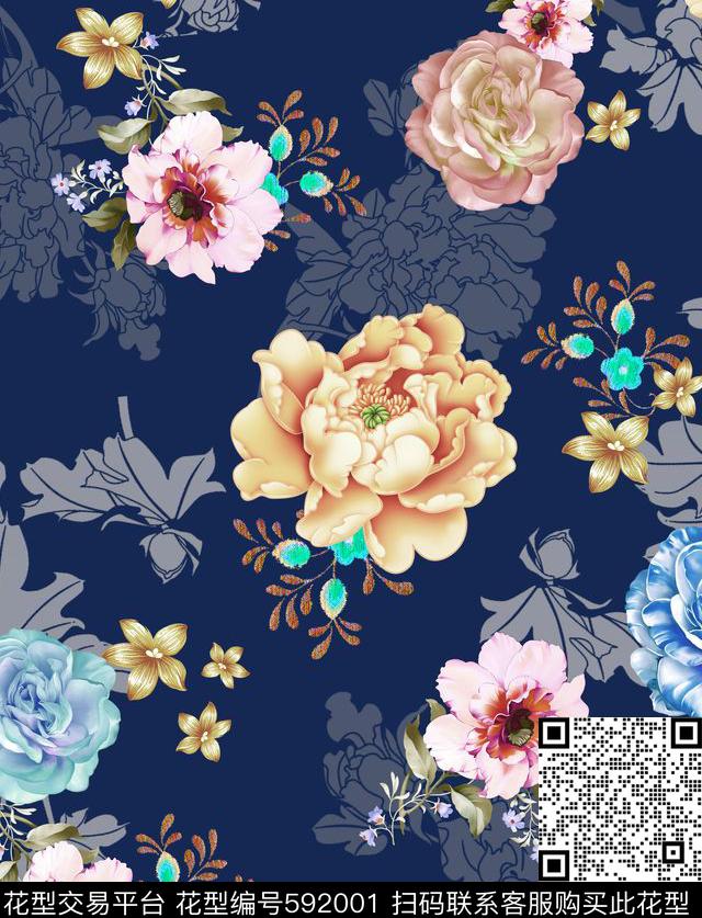 素雅沙发 - 592001 - 沙发布（花卉） 沙发布（欧式纹理） 玫瑰 - 数码印花花型 － 沙发布花型设计 － 瓦栏