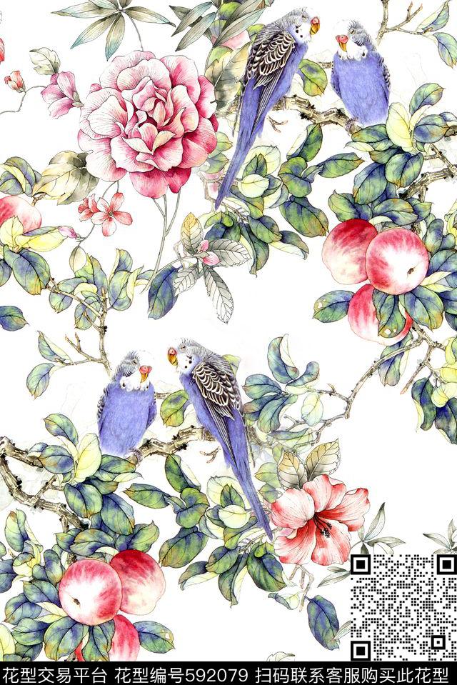 手绘水彩花鸟中国风数码印花花型下载（图片编号: 592079） - 瓦栏（Walan）