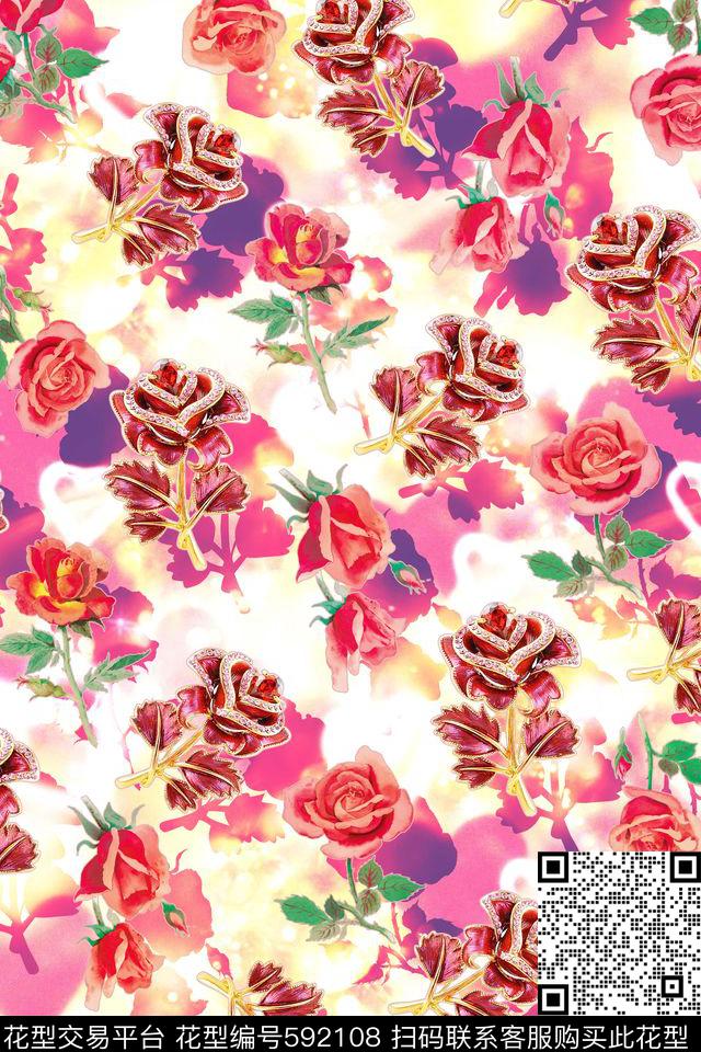流行风尚 - 592108 - 手绘玫瑰 钻石花 幻彩 - 数码印花花型 － 女装花型设计 － 瓦栏