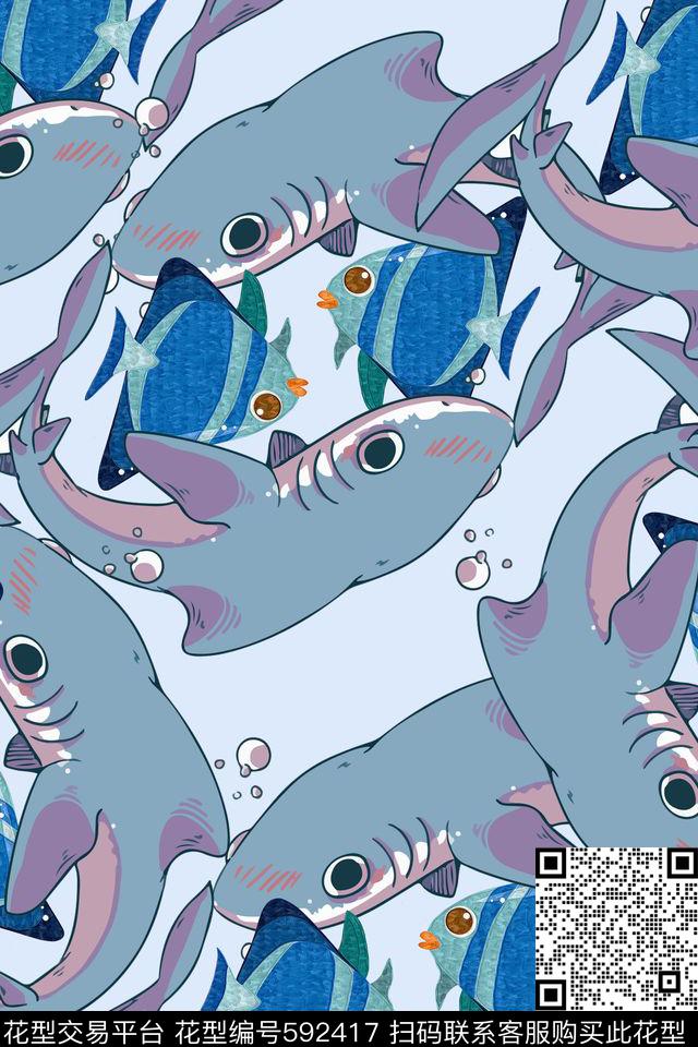 海洋动物趣味.jpg - 592417 - 鱼 趣味 动物 - 数码印花花型 － 女装花型设计 － 瓦栏