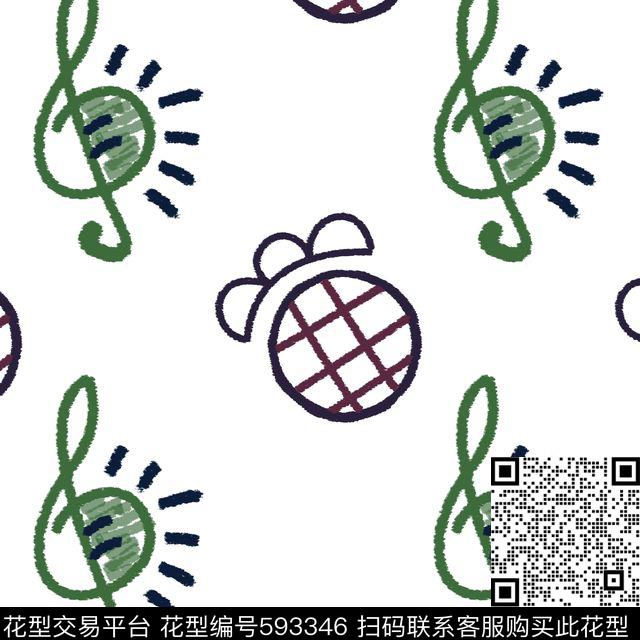 菠萝爪大战音符怪1.jpg - 593346 - 音乐符号 趣味 热带 - 传统印花花型 － 女装花型设计 － 瓦栏