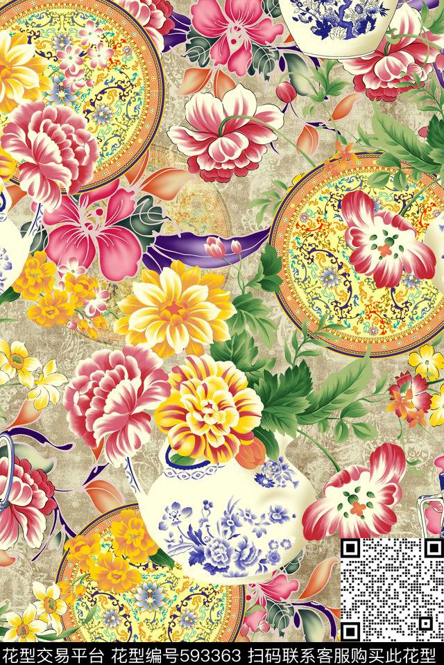 卷草纹民族风青花瓷数码印花花型下载（图片编号: 593363） - 瓦栏（Walan）