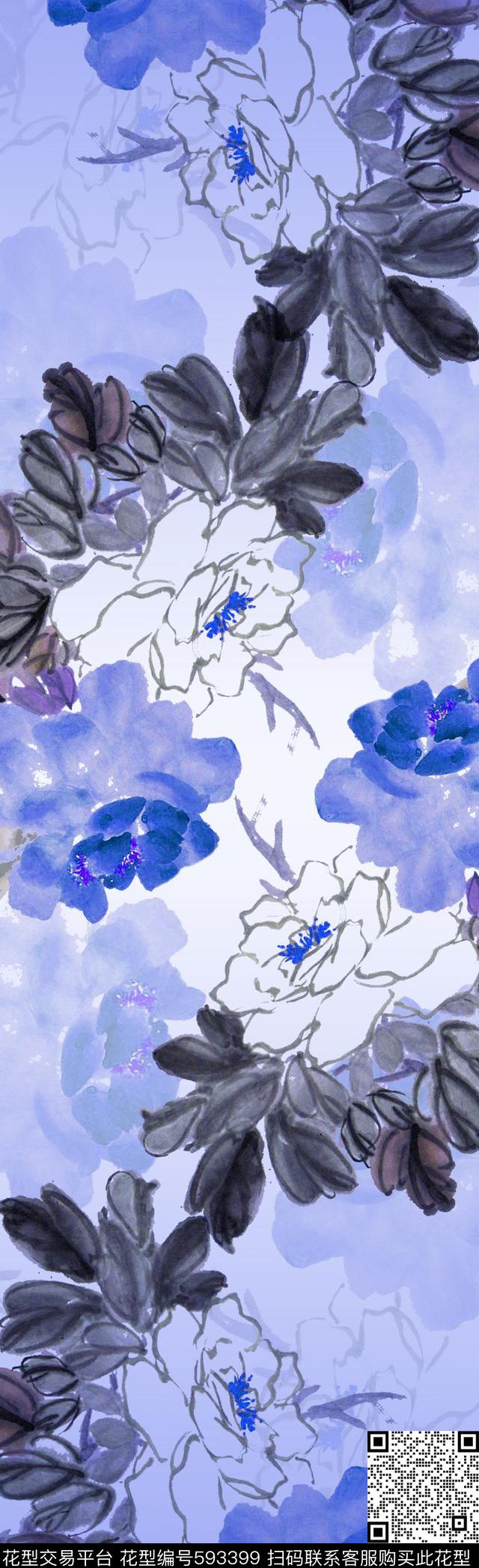 牡丹花朵围巾数码印花花型下载（图片编号: 593399） - 瓦栏（Walan）