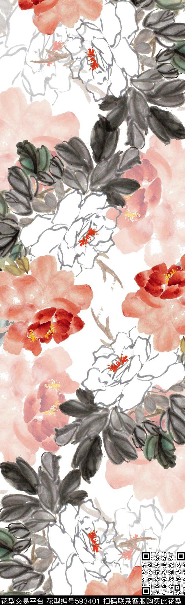 牡丹花朵围巾数码印花花型下载（图片编号: 593401） - 瓦栏（Walan）
