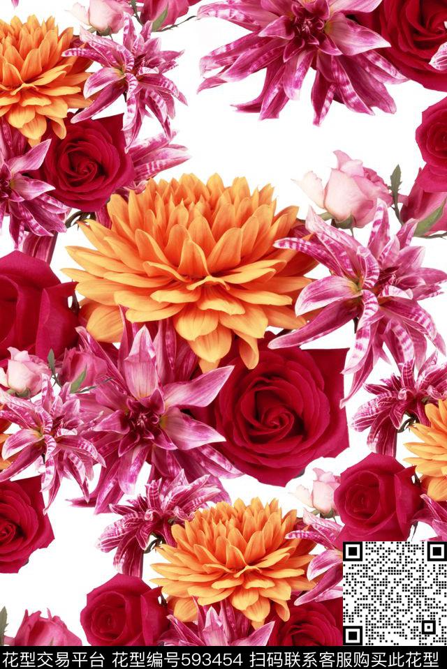 玫瑰花朵花卉数码印花花型下载（图片编号: 593454） - 瓦栏（Walan）