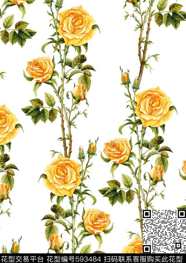 时尚花卉玫瑰数码印花花型下载（图片编号: 593484） - 瓦栏（Walan）